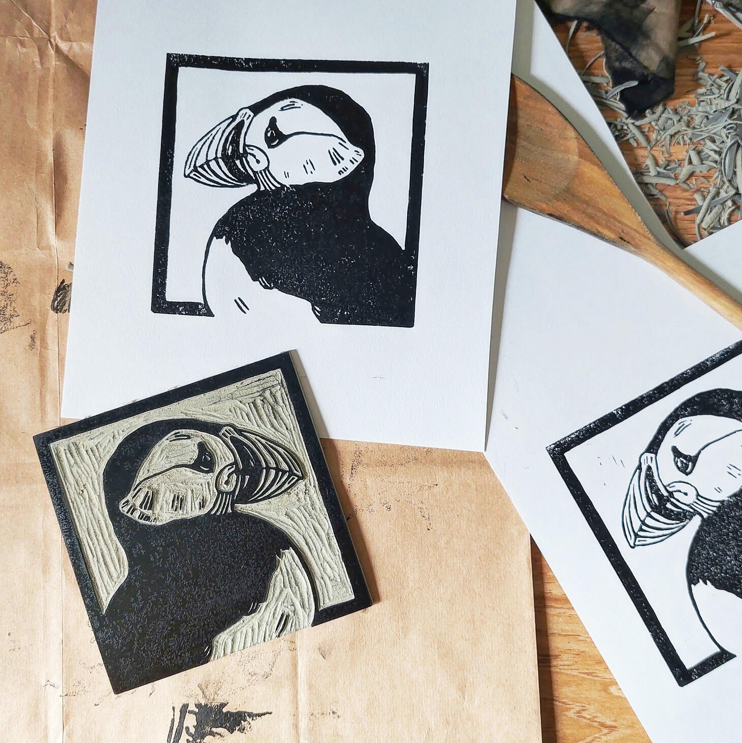 Puffin linocut